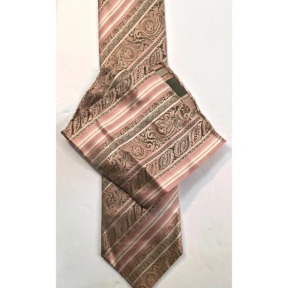 Bruno Pirttelli Silk Tie Pink Gray Paisley Stripe XL Made USA With Pocket Square